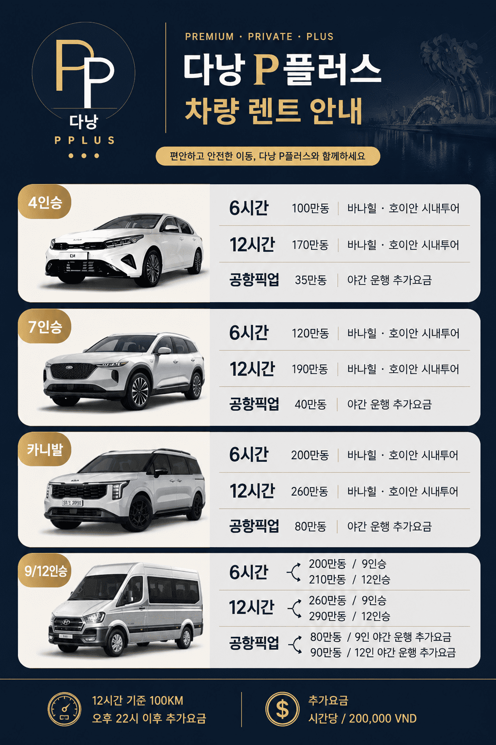 다낭 P플러스 차량 렌트 가격표 — 4인승·7인승·카니발·9인승·12인승 요금 및 공항픽업·바나힐·호이안 투어 안내